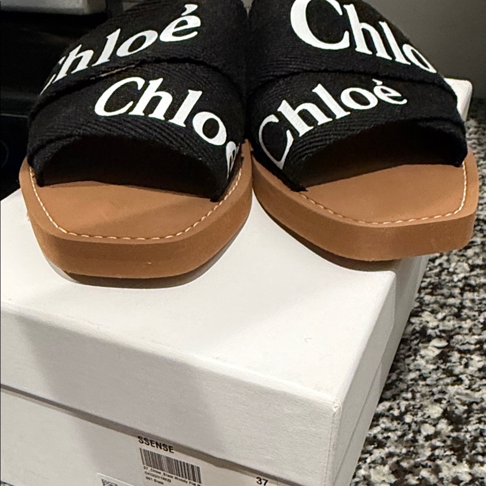 Chloé Black Canvas Logo Slide Sandals with Tan Footbed - Picture 7 of 8